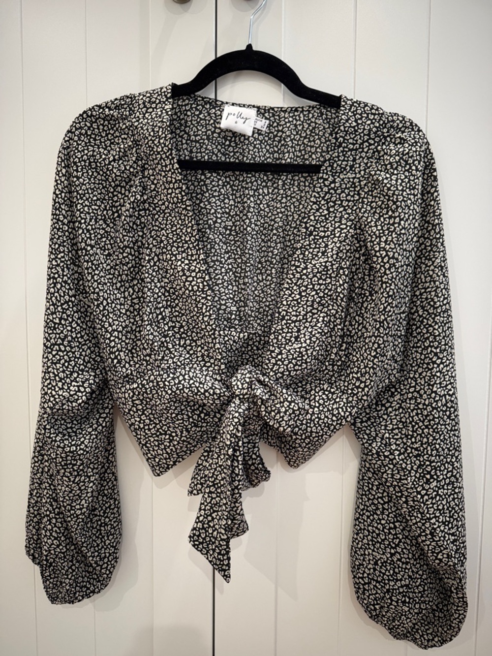 Polly Black and White Tie-Front Puff Sleeve Blouse